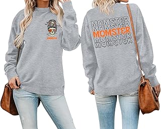 LOTUCY Momster Sweatshirt Women Funny Mom Pullover Halloween Skull Graphic Long Sleeve Shirts Tops