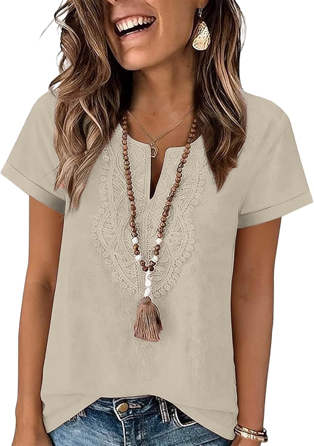 Cotton Linen Shirts for Women Short Sleeve Boho Peasant Tops Trendy Dressy Cut V Neck Lace Blouses Flowy Gauze Tunic - Image 7