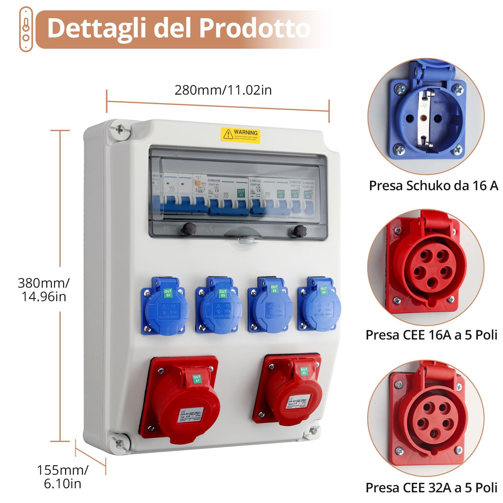 Kamtop Distribuitore di Energia da Cantiere 32A/16A – Prese Schuko e CEE, Protezione FI & LS, Impermeabilità IP66/IP54, Cablaggio Professionale per Cantieri e Uso Esterno