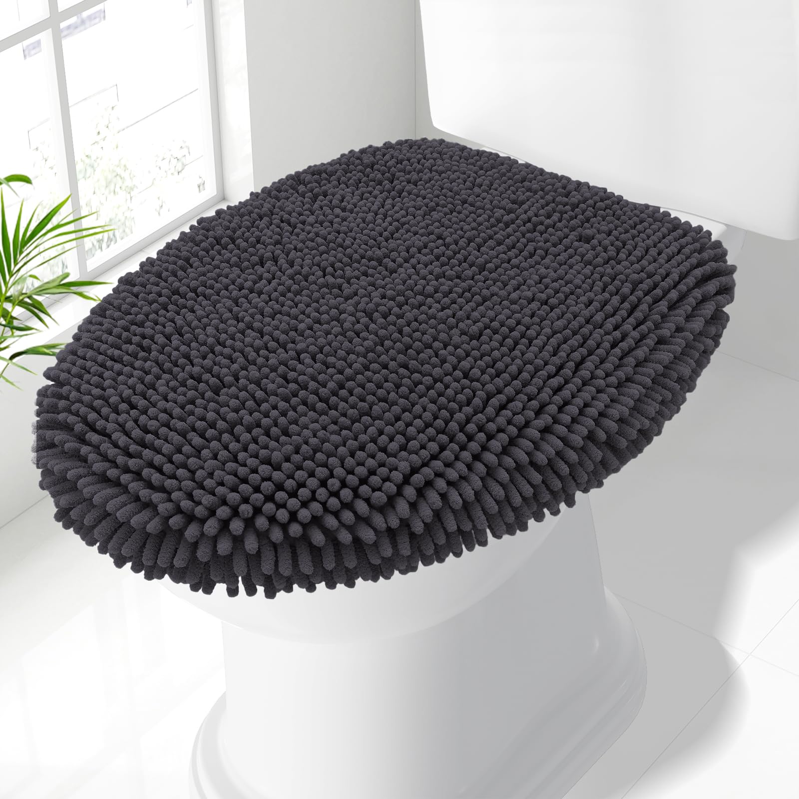 Smiry Soft Chenille Bathroom Toilet Lid Cover 17.5x15, Charcoal Grey