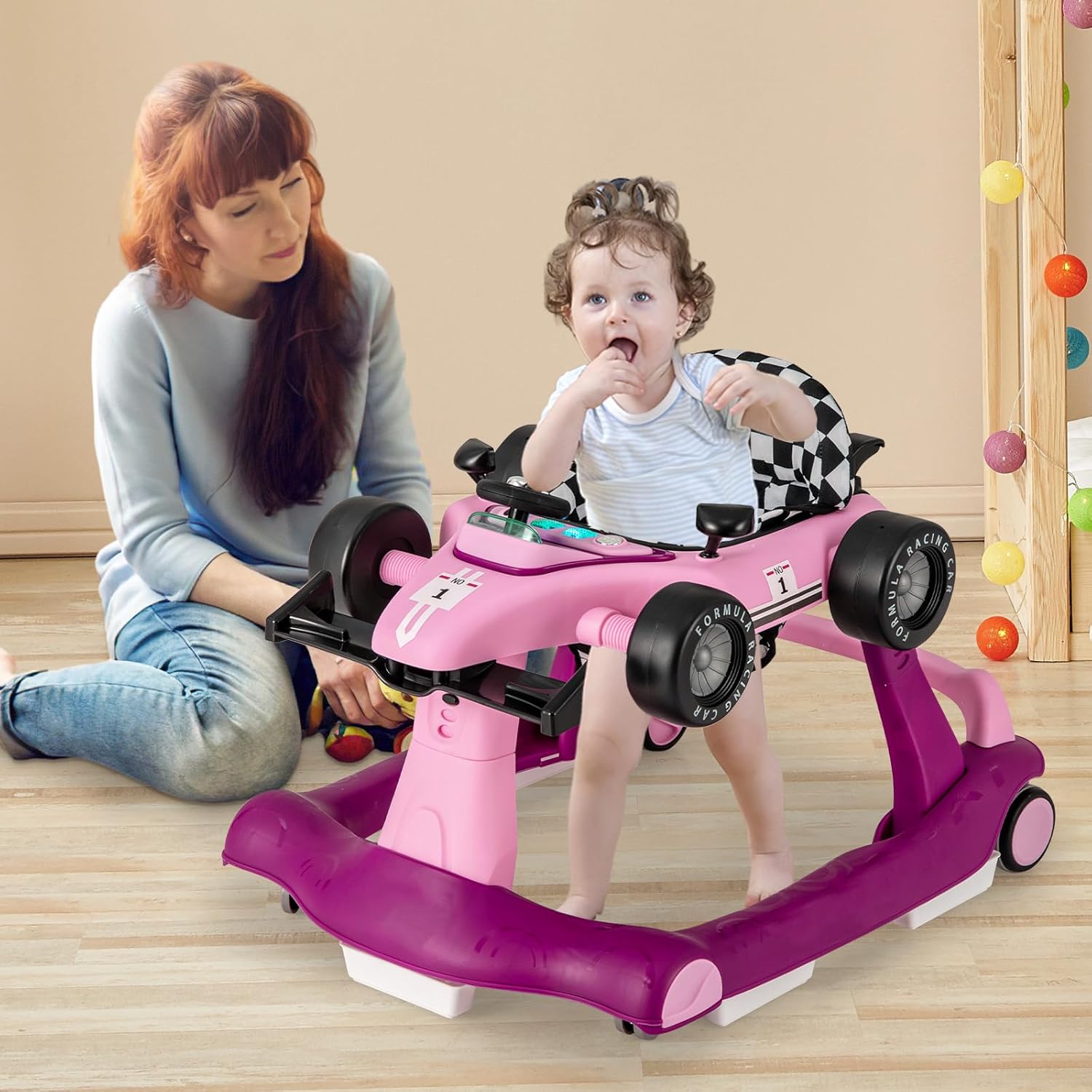 GLACER Foldable Baby Walker, 4-in-1 Infant Walker with Adjustable Height & Speed, Music, Light, Steering Wheel & Washable Cushion, Baby Walker Activity Center for Boys Girls 6 –18 Months (Purple)