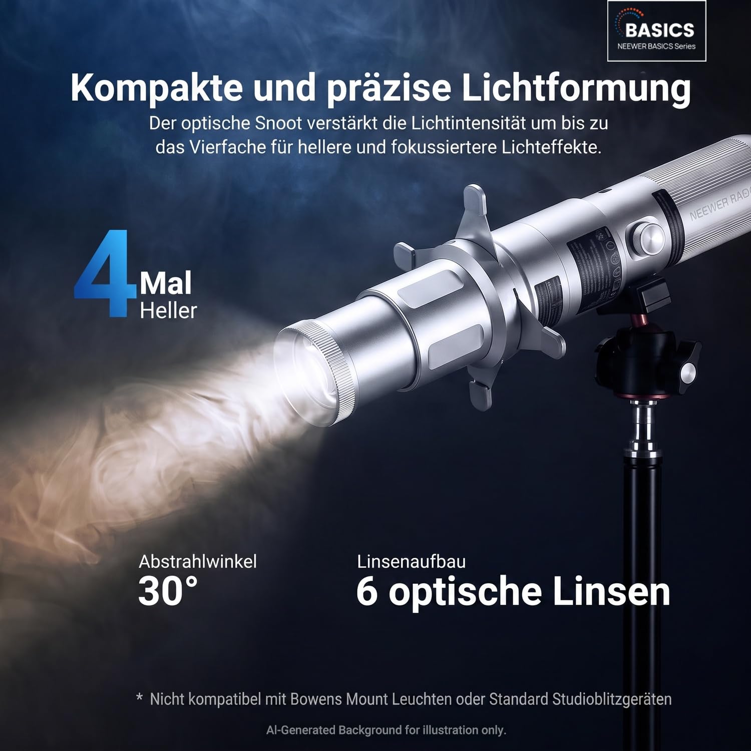NEEWER Basics Spotlight konischer optischer Snoot, nur für FL10/FL20/FL10P Fotografie Taschenlampe, 4 Fach hellerer Projektoraufsatz mit einstellbarem Fokus, 30° Abstrahlwinkel, 20 Metall Gobos, LS01