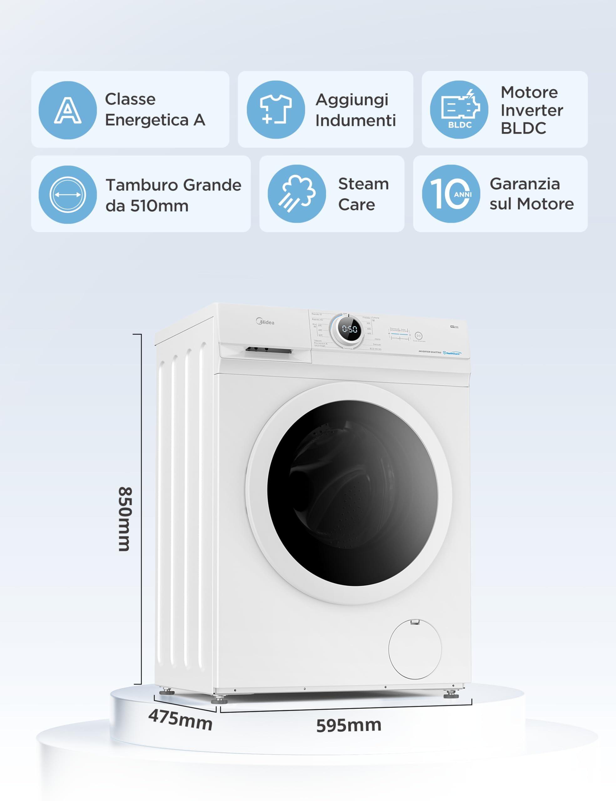 Midea MF10EW70B Lavatrice Slim Carica Frontale, 7 kg, 1400 Giri, Classe A, Vapore, Motore BLDC, Programma Rapido, Varie Temperature dell'Acqua, White
