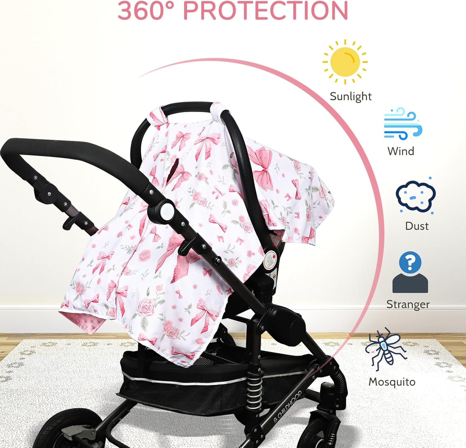 Baby Car Seat Cover, Peekaboo Opening Car Seat Canopy for Baby Girls Boys, Nursing Pillow Cover, Ultra Soft Breastfeeding Pillow Covers for Newborn Baby Boys and Girls, 1 Pillowcase Only (Pink Rose)