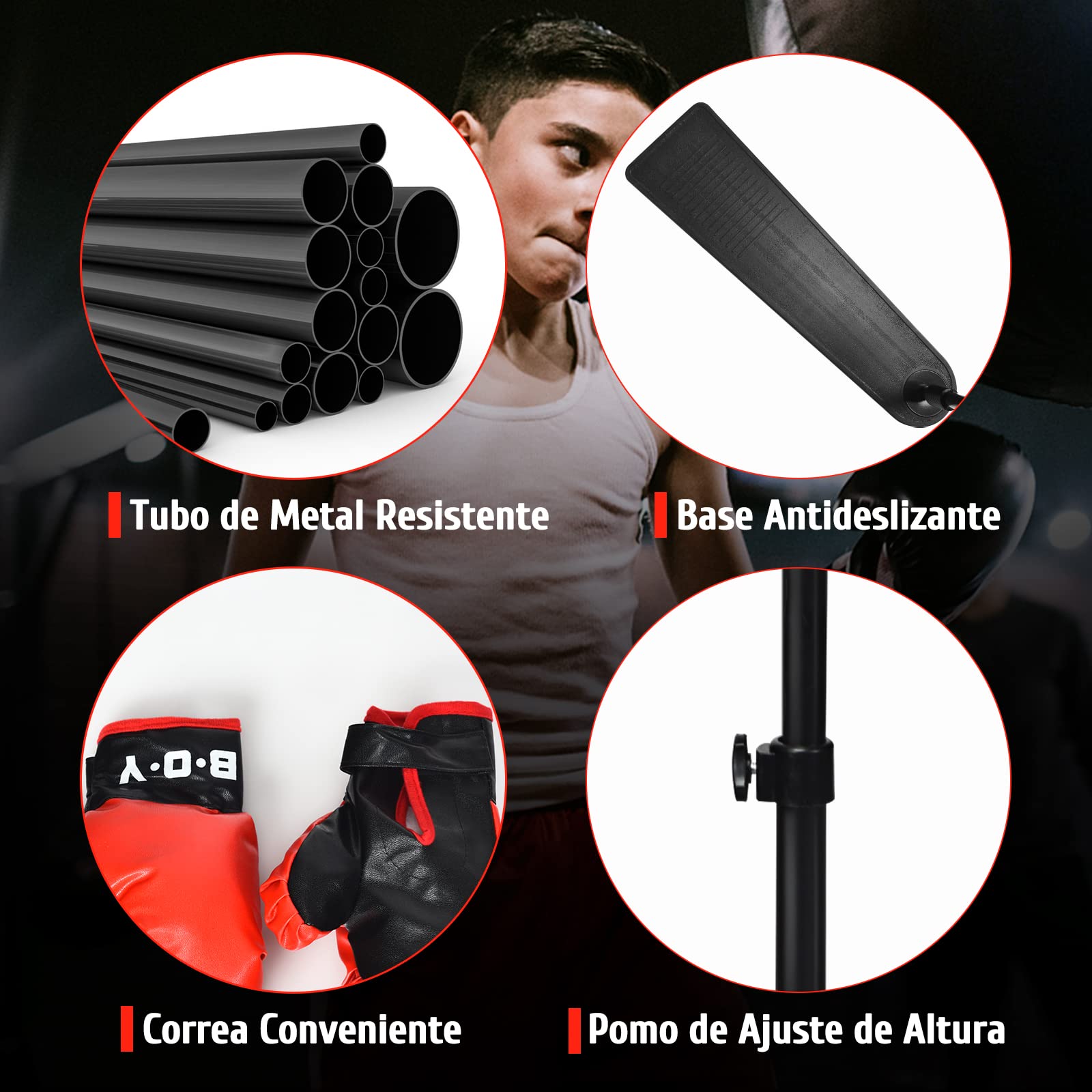 GYMAX Juego de Boxeo 85-130 cm Regulable en Altura, Set de Boxeo con Guantes y Bomba, Soporte de Boxeo con Pedal Antideslizante, Saco de Boxeo Fijo para Niños y Adolescentes a Partir de 8 Años