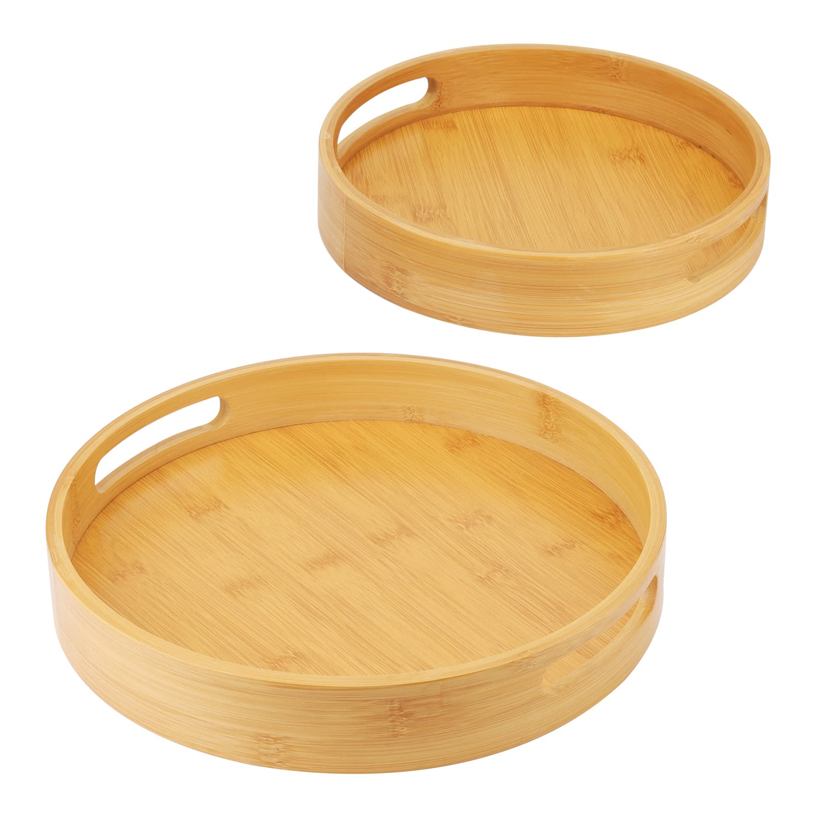 MANCHAP2 PCS 2 Sizes Round Bamboo Tray, 30cm/25cm Bamboo Trays Circle with Handles, Round Wooden Serving Tray for Breakfast, Coffee, Tea