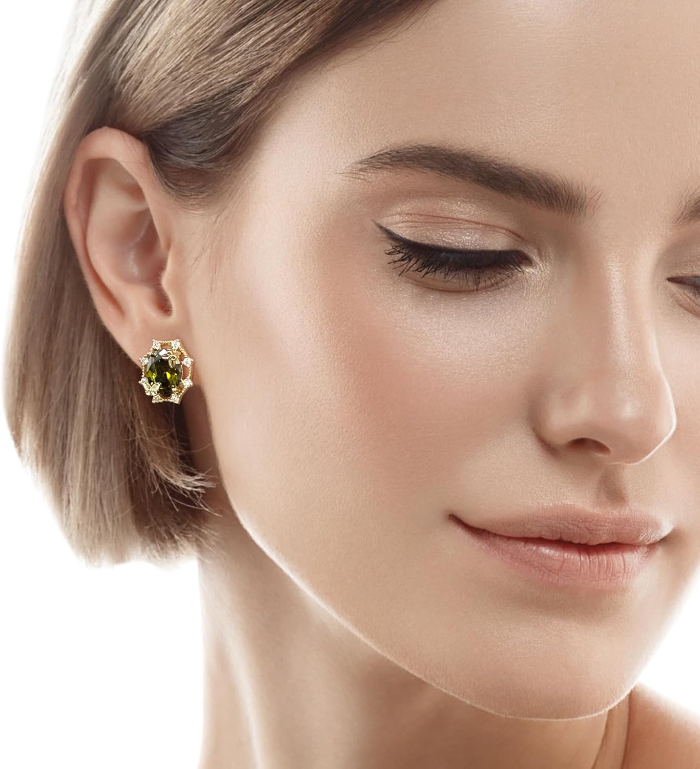 Gold Plated Oval Peridot Stud Earrings for Women with Butterfly and Cubic Zirconia Olive Green Earrings Studs for August Birthstone Jewelry - Image 3