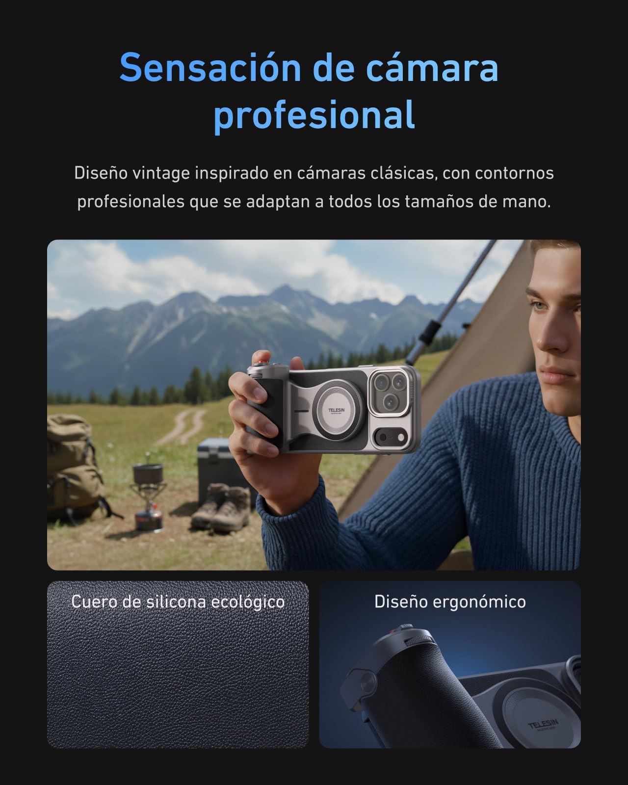 TELESIN Master Grip Kit para iPhone 17 Pro MAX, Kit Estándar de Magnética Agarre, Batería integrada de 3200mAh, Carga inalámbrica, Funda de grafeno para Enfriar el iPhone, Agarre de Estilo DSLR
