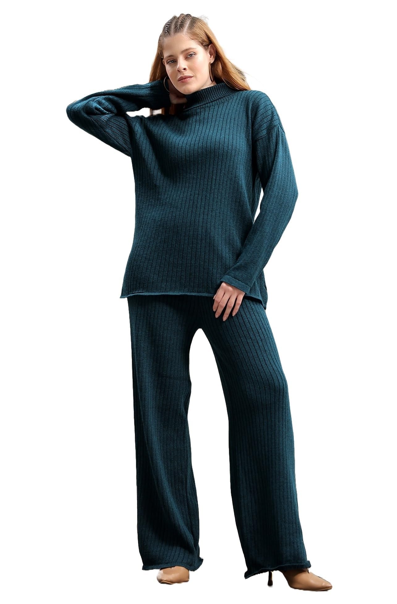 kvetoo Women Winter Coord Set Wool Blend High Neck Sweater and Wide Leg Pants Warm Tracksuit Pajama Set Two Piece Knitwear Travel Wear for Lounge Casual Office-picture-16