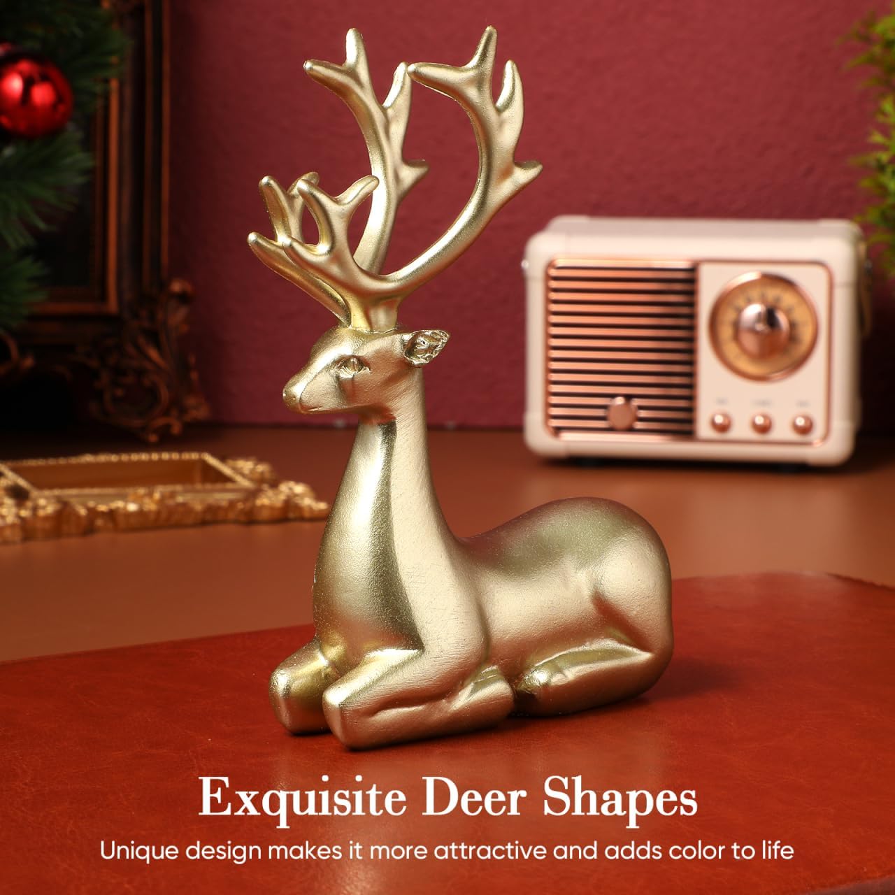 Tofficu 2pcs Gold Reindeer Figurines, Christmas Elk Sculpture Decor, Resin Modern Golden Ornaments for Home Holiday Elegant Statue Living Room and Bedroom Decorations