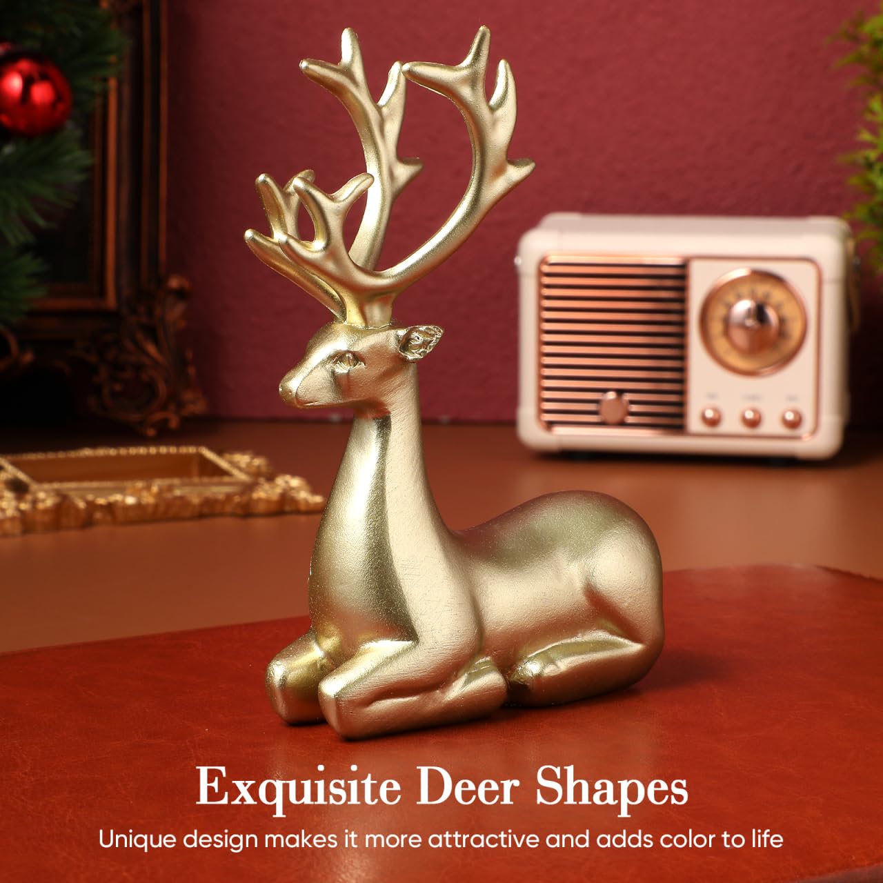 Veemoon 2 StüCk Weihnachts Goldene Harz Hirsch Figure Desktop-Rentier Deko Winter Weihnachten Tisch Elch Ornamente Elegant Hirsch Skulpturen FüR Saisonale Wohnzimmer Und Schlafzimmer Regale