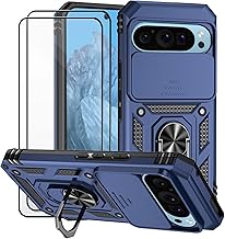 Google Pixel 9/Pixel 9 Pro Case Cover Sliding Camera Cover Tempered Glass with Ring Stand-Blue