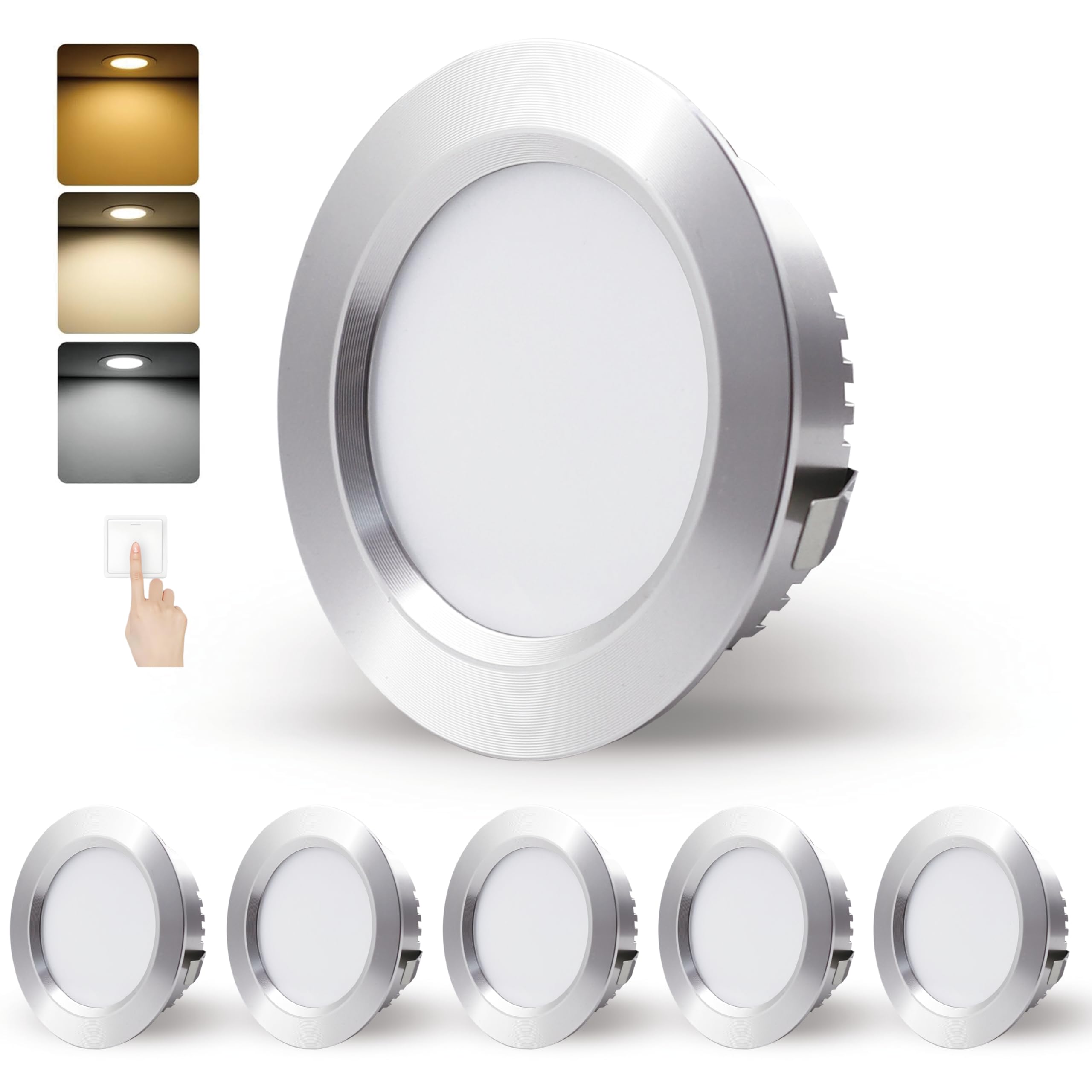 LED Einbaustrahler 230V 5W,LED Spots IP44 Bad Einbauleuchten Deckenspots 68-75mm Lochmaß und 20mm Ultra Flach,Warmweiß Neutralweiß Kaltweiß Einbauspots für Badezimmer Küche,6er Set(Silber, 6er Set)