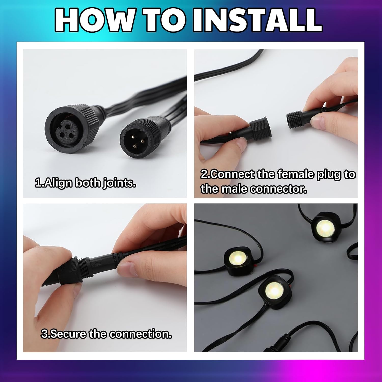MorningRo 2 Pcs Extension Cable Kit Compatible with Govee Permanent Outdoor Light 3 Pins Y Splitter Cord Straight Extension Compatible with Govee H705 H706 H805 Weatherproof Patio Yard (16 ft,Black)