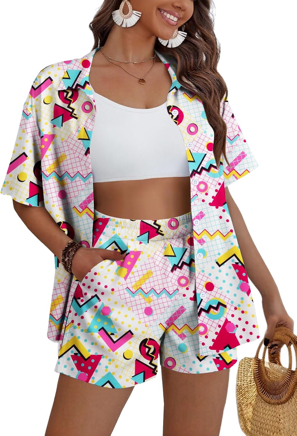 VILOVE 80s 90s 2 Piece Outfit for Women Color Block Theme Party Disco Matching Sets Retro Neon Summer Short Set