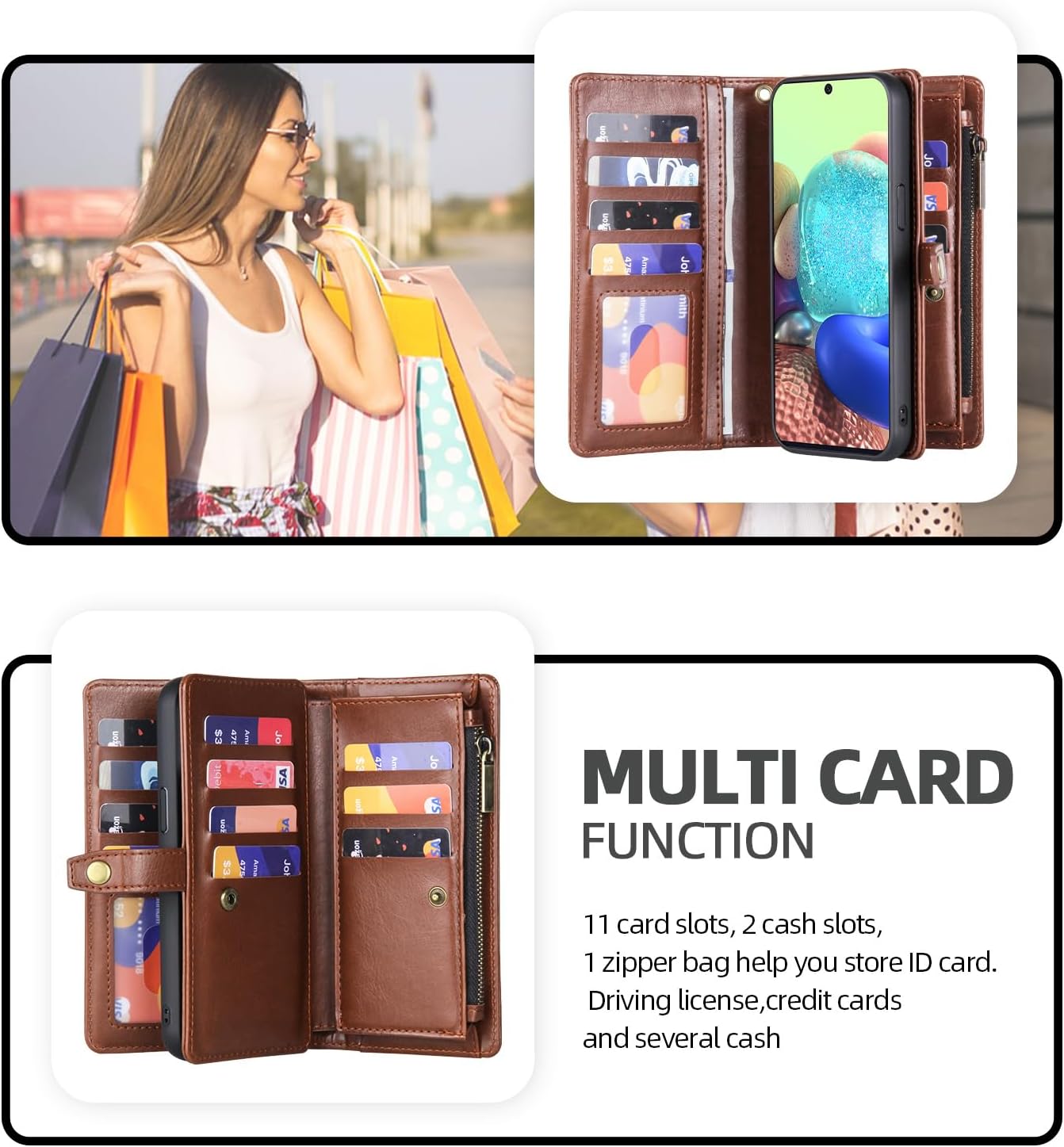 Asuwish Phone Case for Samsung Galaxy A71 5G Zipper Wallet Detachable Cover with Screen Protector and Card Holder Slot Wrist Strap Cell Accessories Protective Mobile A 71 G5 71A S71 SM Women Men Brown