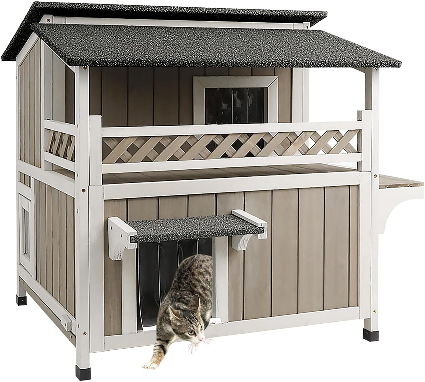 Outdoor Cat House Weatherproof Cats Shelter for Feral Kitten Pet Houses for 1-2 Small Animlas 2 Story Wooden Houses for Indoor Outdoor Cats with Escape Doors (29" L x 30" W x 31.5" H Grey)