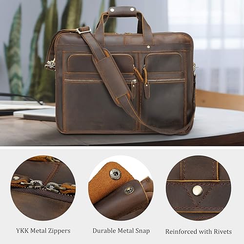 Miniatura 9 de Polare - Maletín de cuero de grano completo de 18.5 pulgadas para computadora portátil, bolsa de mensajero para hombres, grande para portátiles de