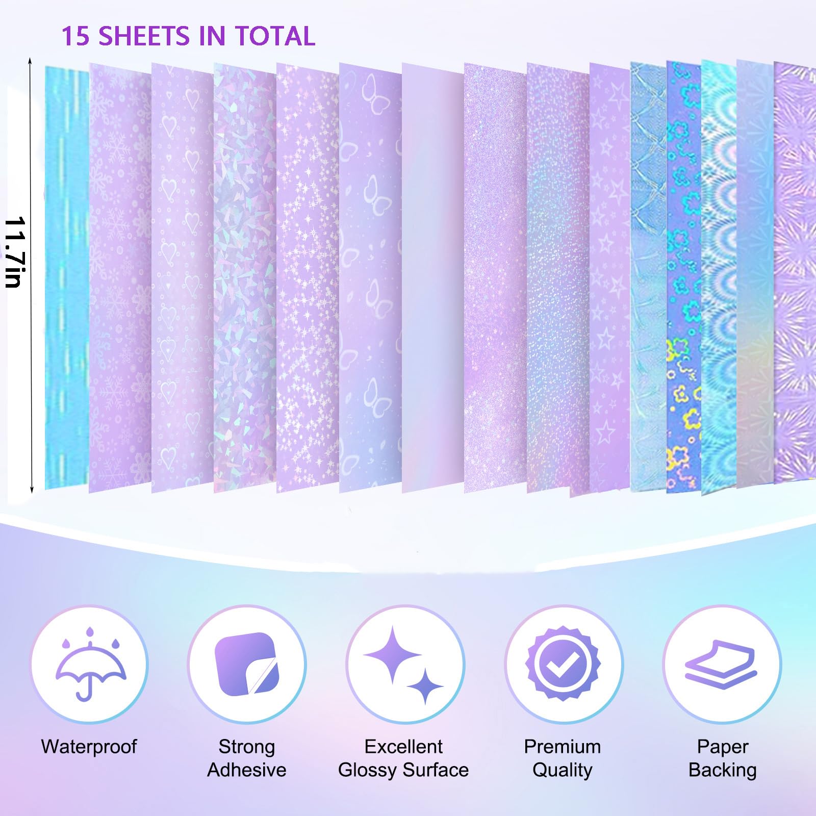 15 hojas de papel adhesivo holográfico de 8.3 x 11.7 pulgadas, vinilo transparente autoadhesivo, impermeable, papel adhesivo de vinilo arcoíris, película laminada de vinilo holográfico transparente
