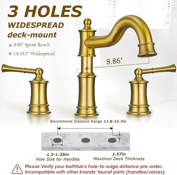 Roman Bathtub Faucet Deck Mount Tub Faucet for Bathroom Widespread Elegant Classic Spout with 3 Holes 2 Handle Valve Cartridge Included,Brush Gold