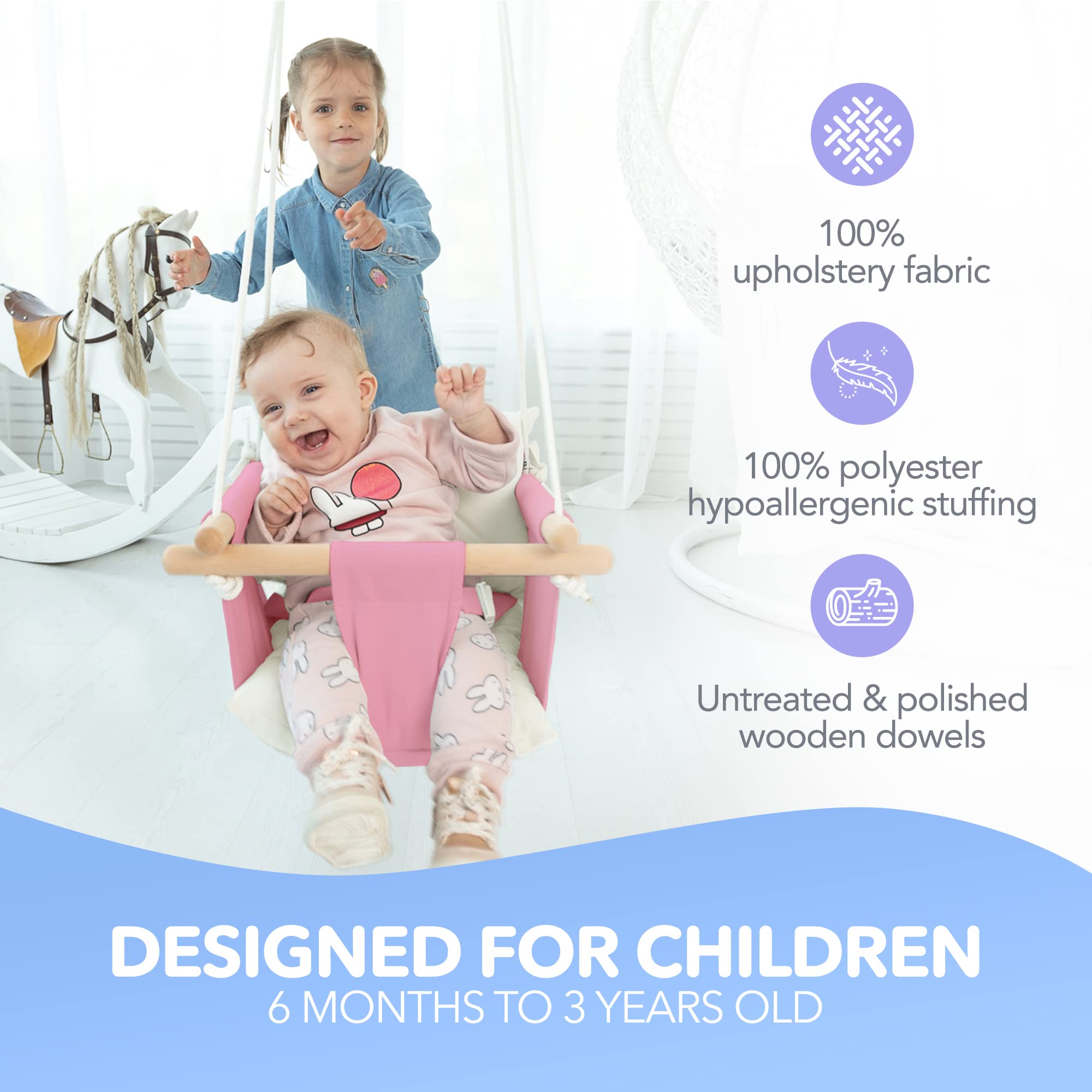 CaTeam - Altalena per Bambini in Tela, Sedia Altalena Sospesa in Legno con Cintura di Sicurezza, Sedia per Amaca Resistente, Altalena per Esterni e Interni per Bambini, Rosa
