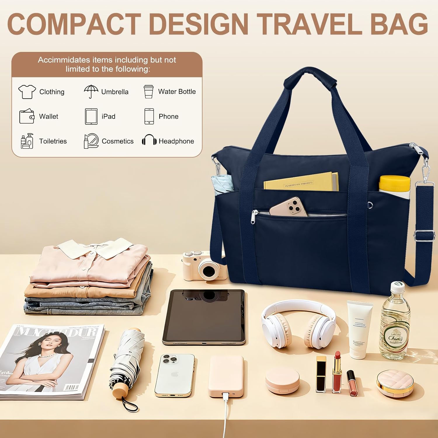 Small Travel Gym Duffel Bag for Women, Waterproof Nylon Weekender Overnight Bag Personal Item Carry on Bags for Airplanes Hospital Sports Fitness Dance Mommy Tote