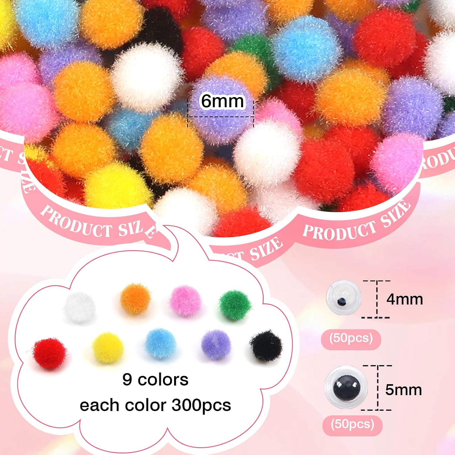 TOAOB 2800pcs Mini Pom Poms 6mm Assorted Colours Arts and Crafts Fuzzy Pom Poms Small Pompoms Balls with Googly Eyes for Hobby Supplies DIY Animals Crafts Costume Decorations