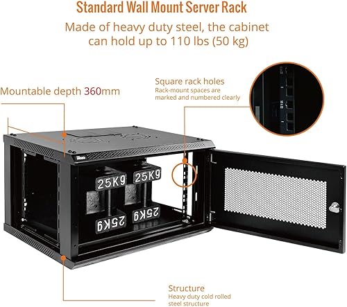 Miniatura 4 de Tecmojo Gabinete de red de rack de montaje en pared 6U para equipos de TI de 19 pulgadas, con puerta de malla bloqueable y paneles laterales,