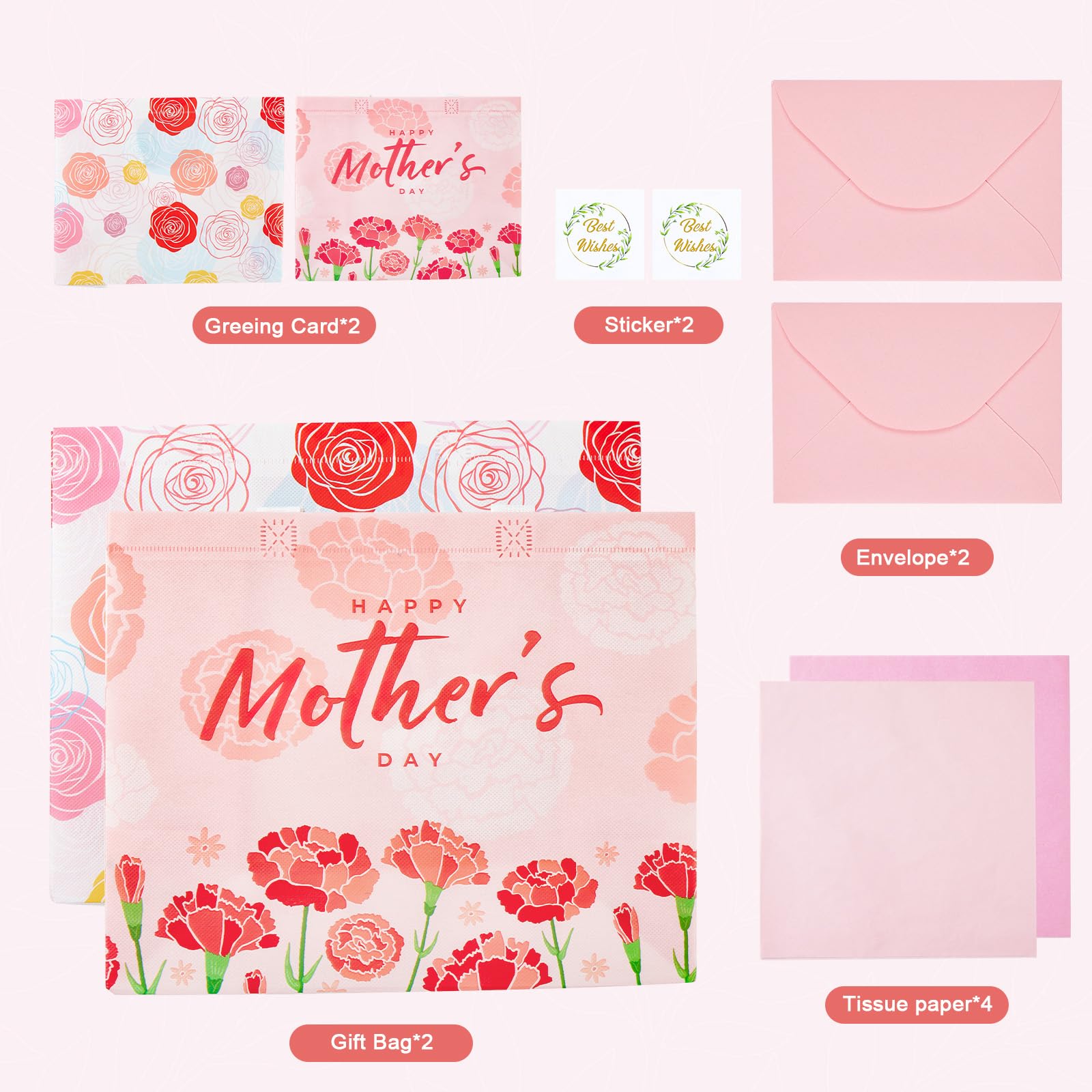 YANGTE 2 Pack 13" Large Mothers Day Gift Bags with Tissue Paper, Reusable Non-Woven Mothers Day Bag with Handle, Elegant Mothers Gift Wrap Bags for Presents, Floral Gift Bags with Cards for Woman, Mom