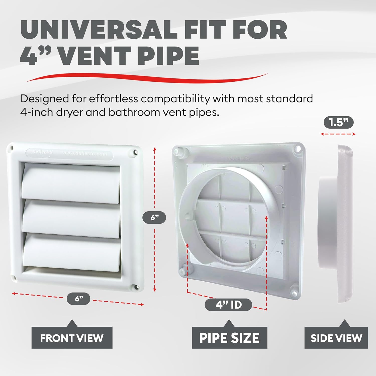 Deflecto Supurr-Vent 4” Outdoor Dryer Vent Cover White Louvered Wall Hood with Gravity Damper for Backdraft Prevention, Fits Standard 4” Dryer Exhaust Pipe, Weather & UV-Resistant, Durable 6"x6" Face