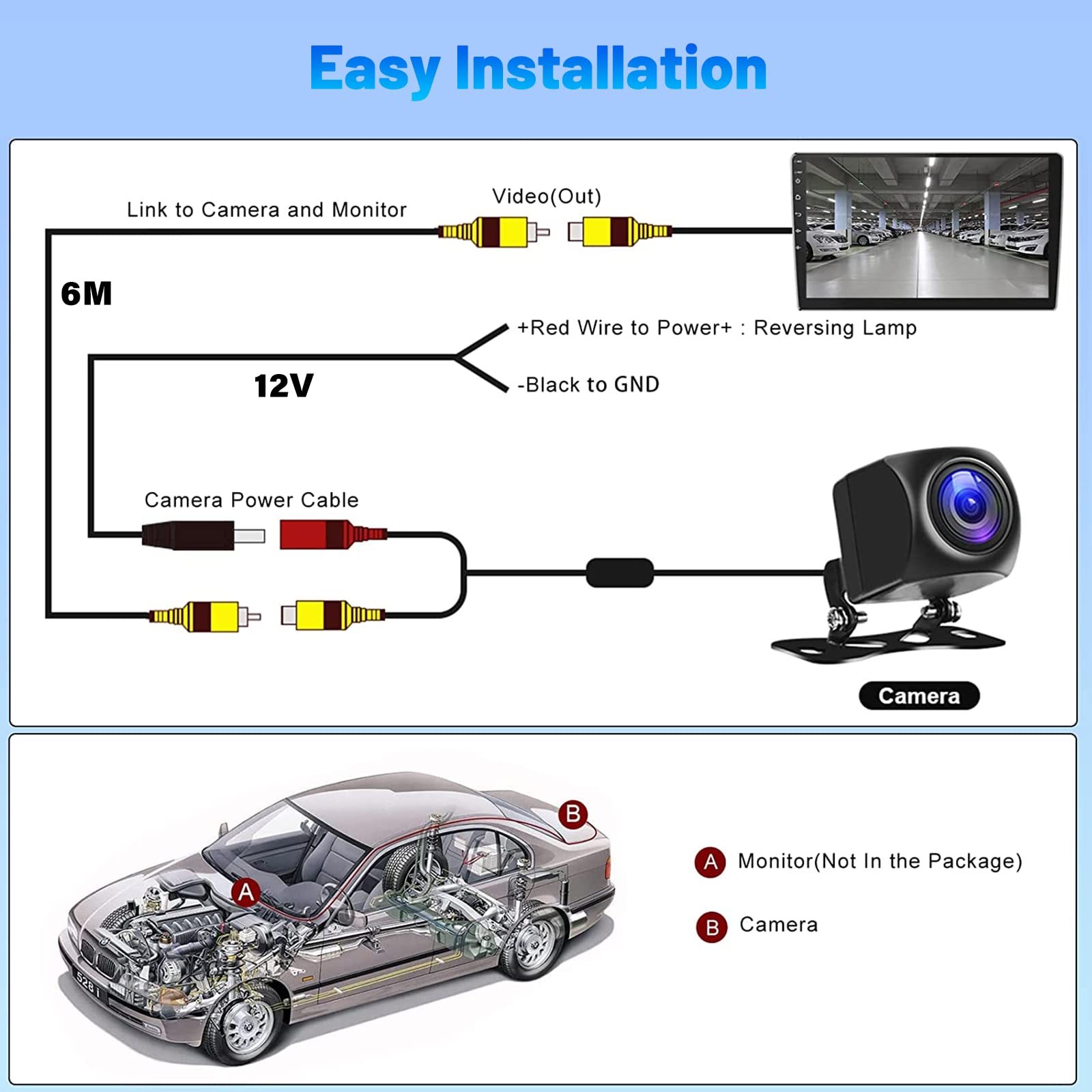 Hikity AHD Cámara de Visión Trasera Universal para Automóvil, IP68 Impermeable Visión Nocturna Cámara de Marcha Atrás a Prueba de Coche Gran Angular 170° Cámara Trasera con Cable AV 12V