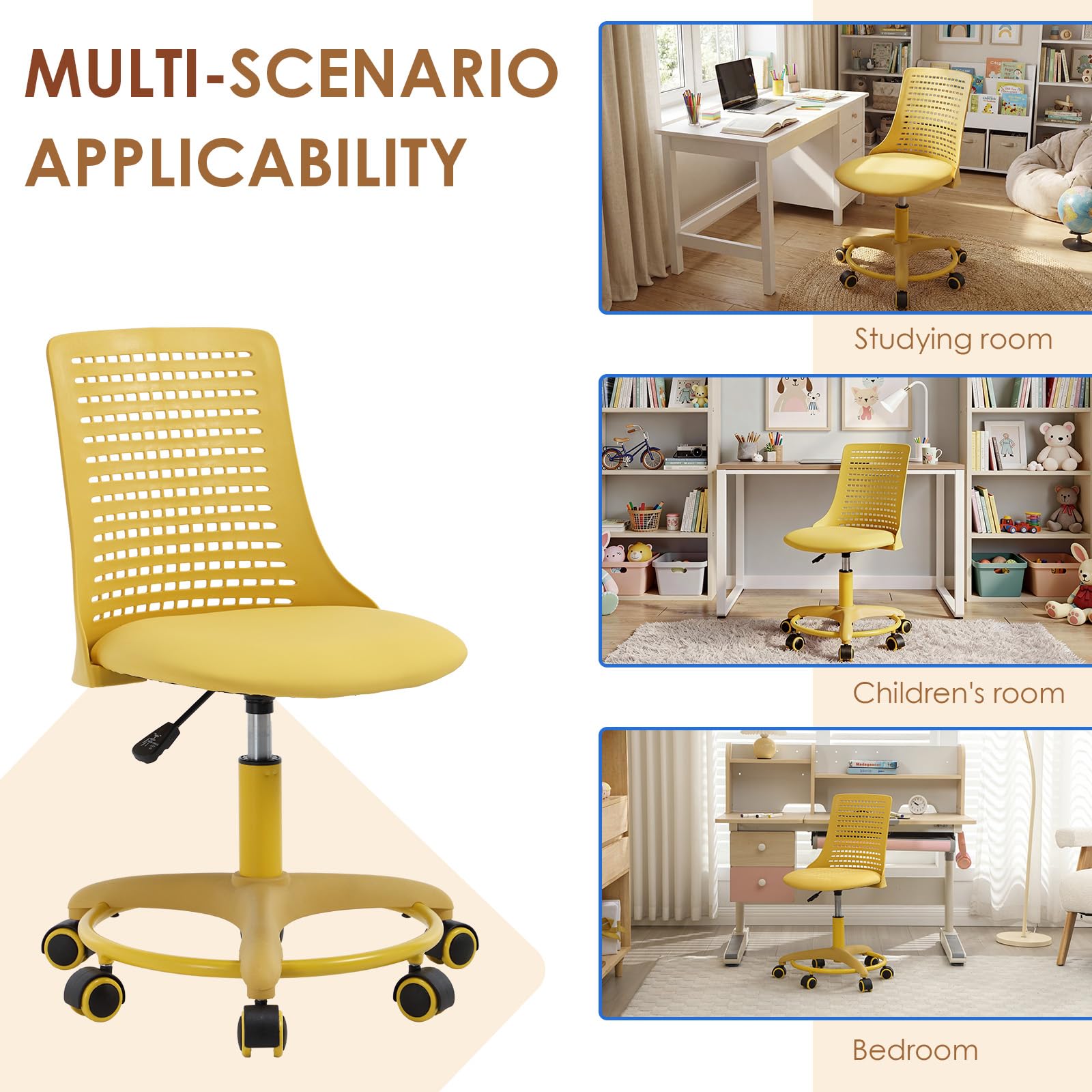 Ya-Home Sedia da Scrivania per Bambini Sedia Girevole Regolabile in Altezza Sedia Studio Bambina senza Braccioli Sedia Gioco Bambino con Schienale Sedia Bambini con Poggiapiedi per Cameretta, Giallo