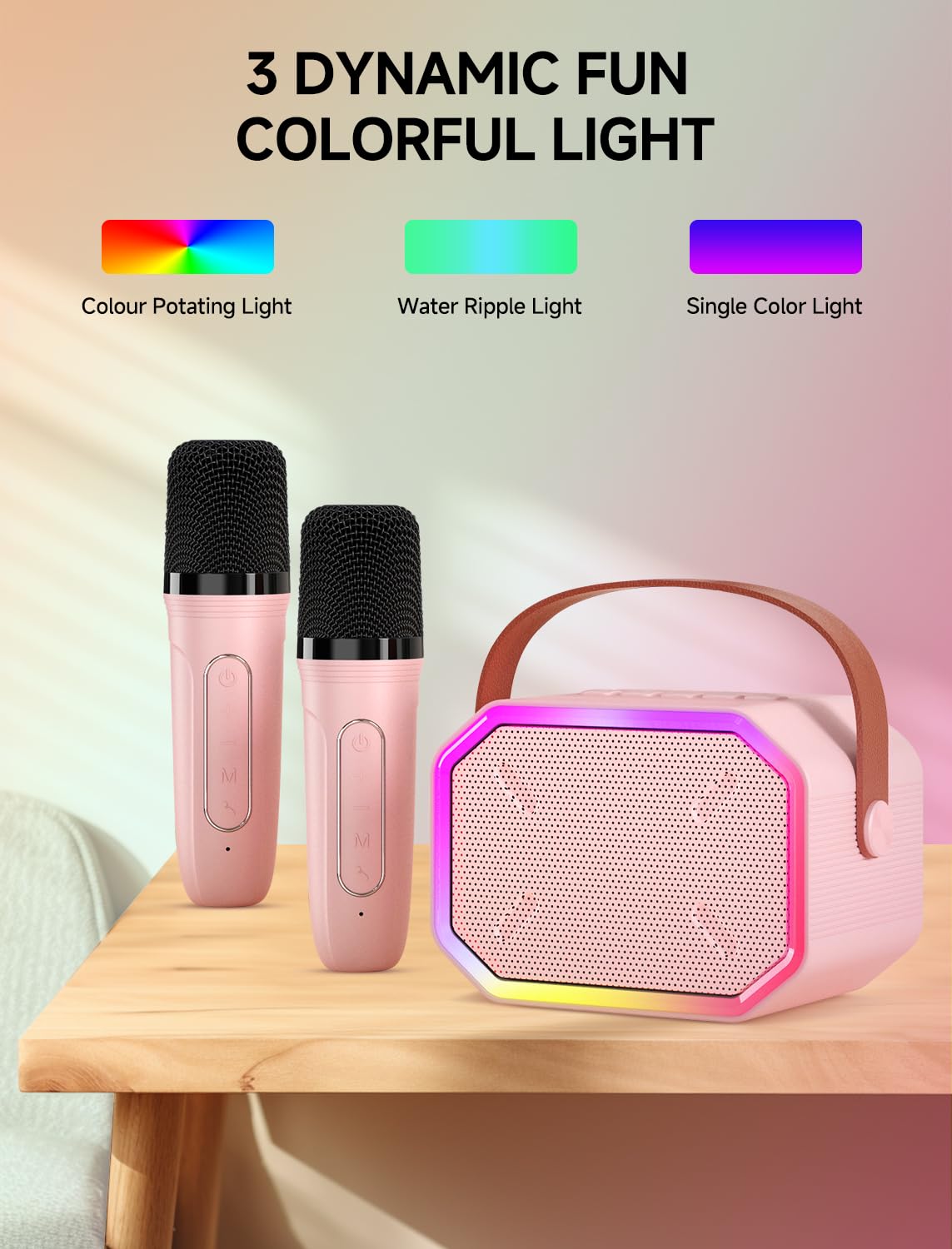 Karaoke-Maschine für Kinder und Erwachsene, tragbarer Mini-Bluetooth-Lautsprecher mit 2 kabellosen Mikrofonen, LED-Leuchten für TV, Heimparty, Kindergeschenk für Mädchen, Jungen, Familie, Party,