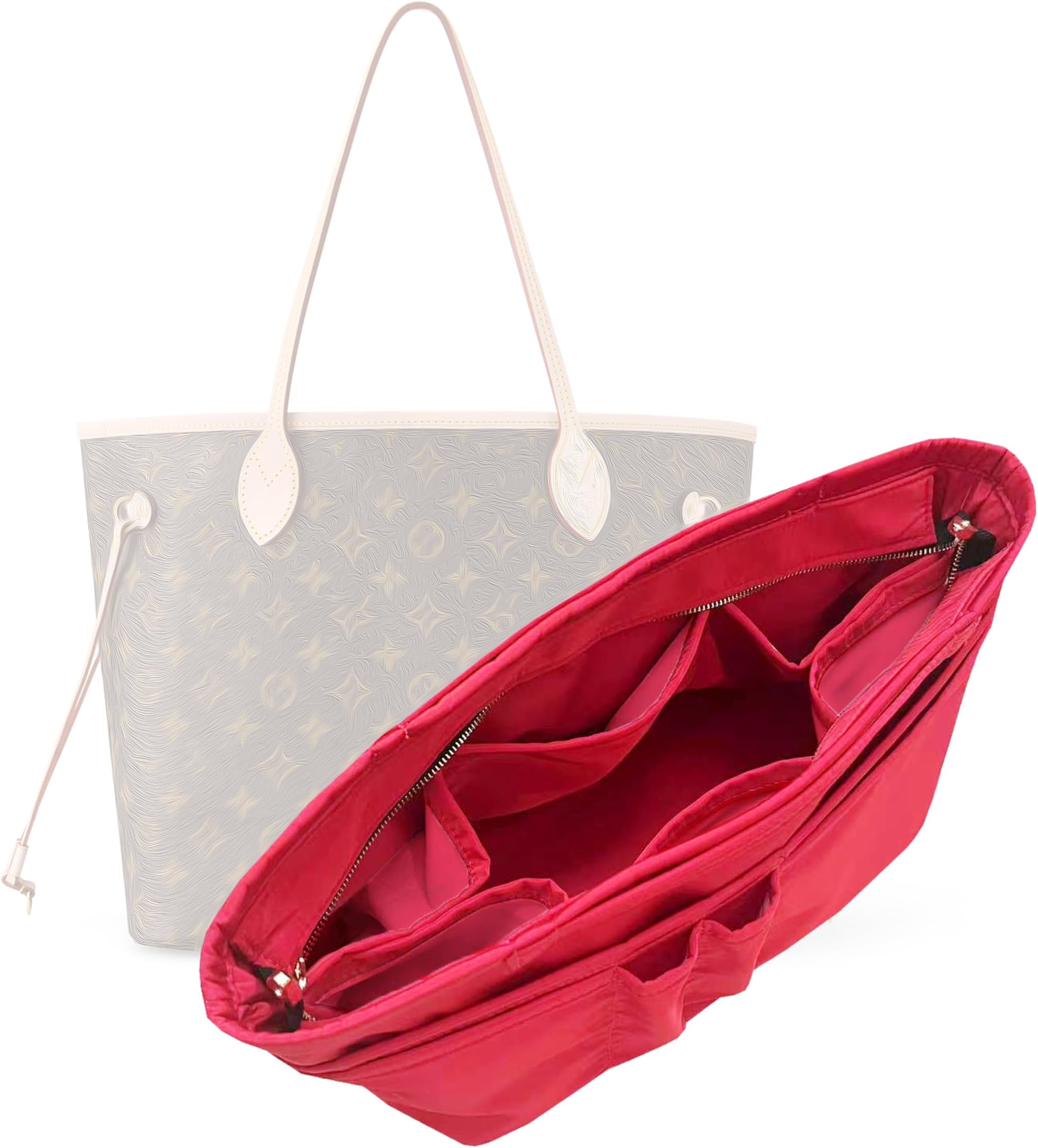 Divitize Waterproof Nylon Purse Organizer compatible with LV Neverfull PM/MM/GM with zipper, Handmade Oval Shaped Insert with Gold Zipper Snug Sturdy (For Neverfull MM, Red)