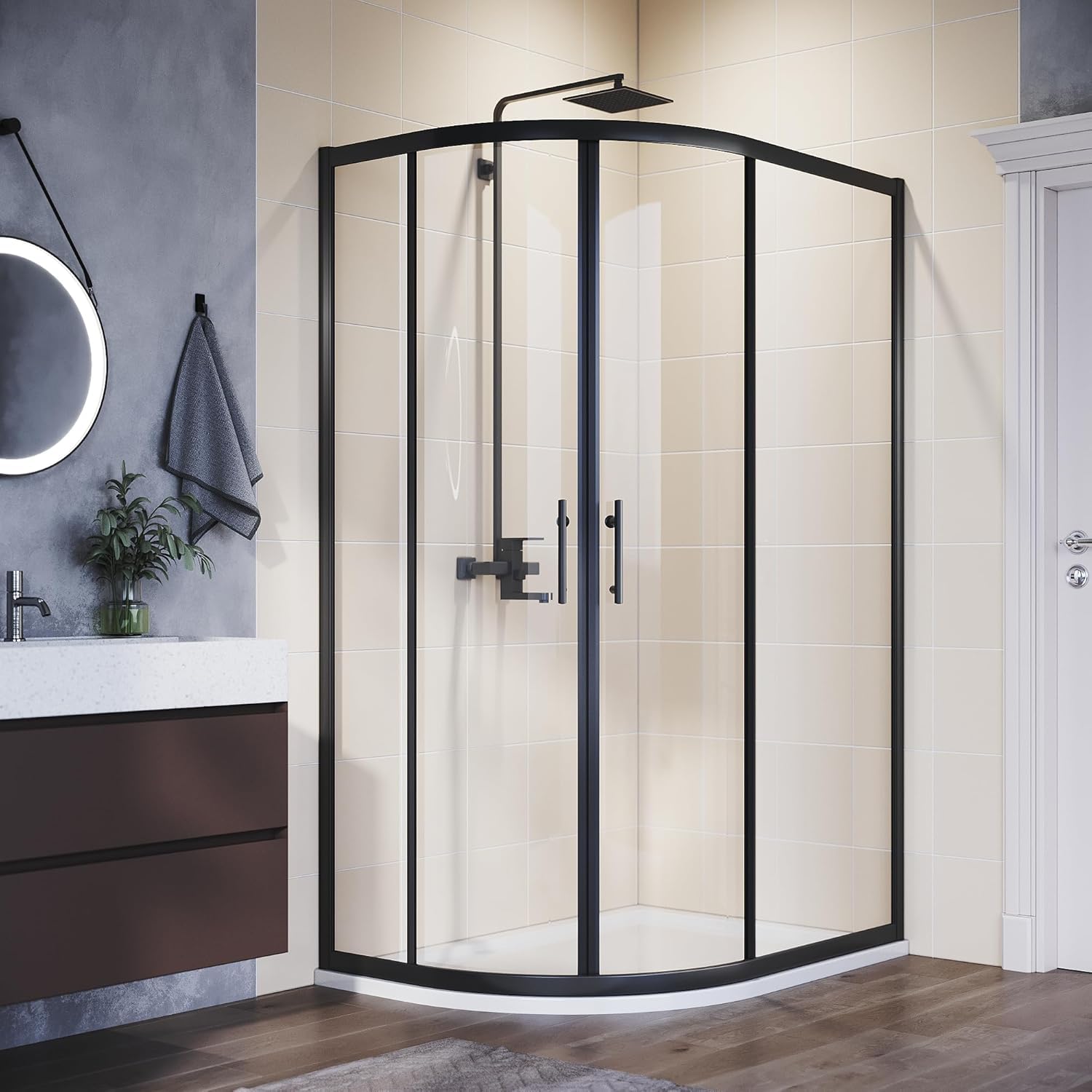 ELEGANT Black 900 x 900 mm Offset Quadrant Shower Enclosure 6mm Tempered Glass Sliding Glass Cubicle Door for Shower Room Durable Aluminum Alloy Material