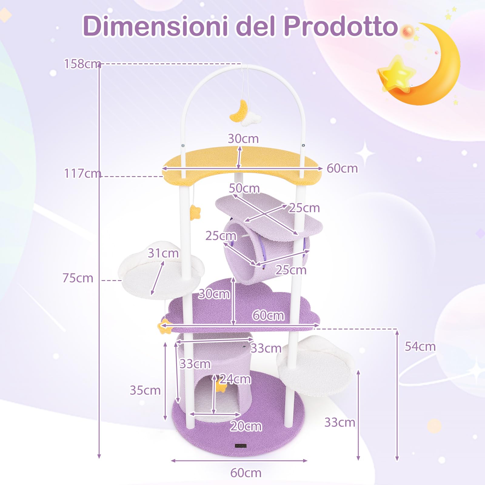 GYMAX Albero per Gatti, 60 x 60 x 158 cm, Torre Tiragraffi per Gatti Grandi Medi Piccoli, Piattaforma per Saltare, Giochi Appesi, Tunnel, Casetta, Struttura, Metallica Robusta