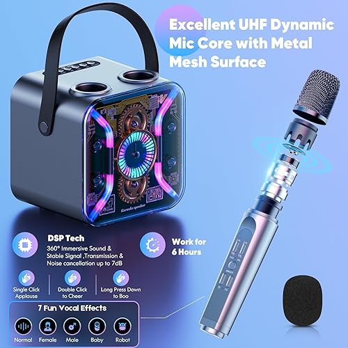 Miniatura 3 de Máquina de karaoke para adultos con dos micrófonos inalámbricos, altavoz Bluetooth, espectáculo de luz LED, micrófono bajo estable de 360 grados,