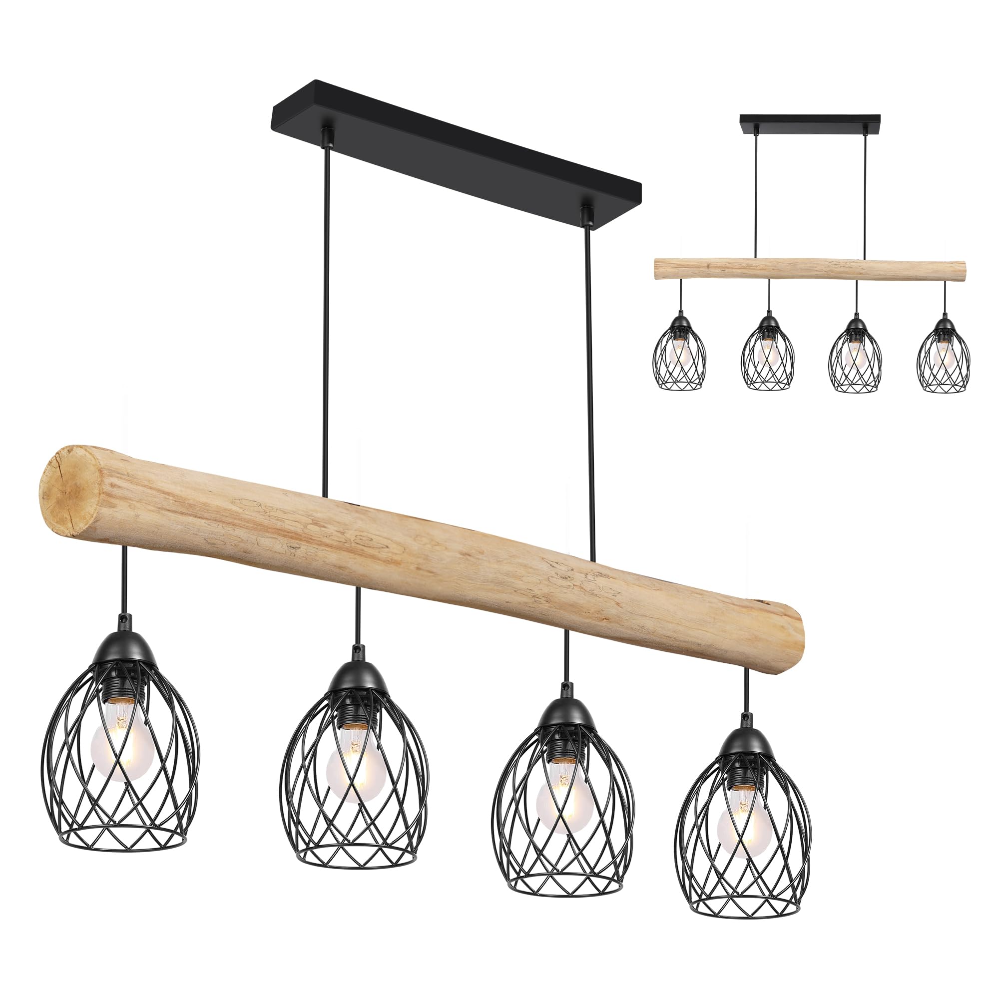 Vintage Pendelleuchte Holz 4-flammig E27 Balkenlampe im Industrial Design, Retro Hängelampe höhenverstellbar für Esszimmer Küche Wohnzimmer Bar (Primary color, 82cm)