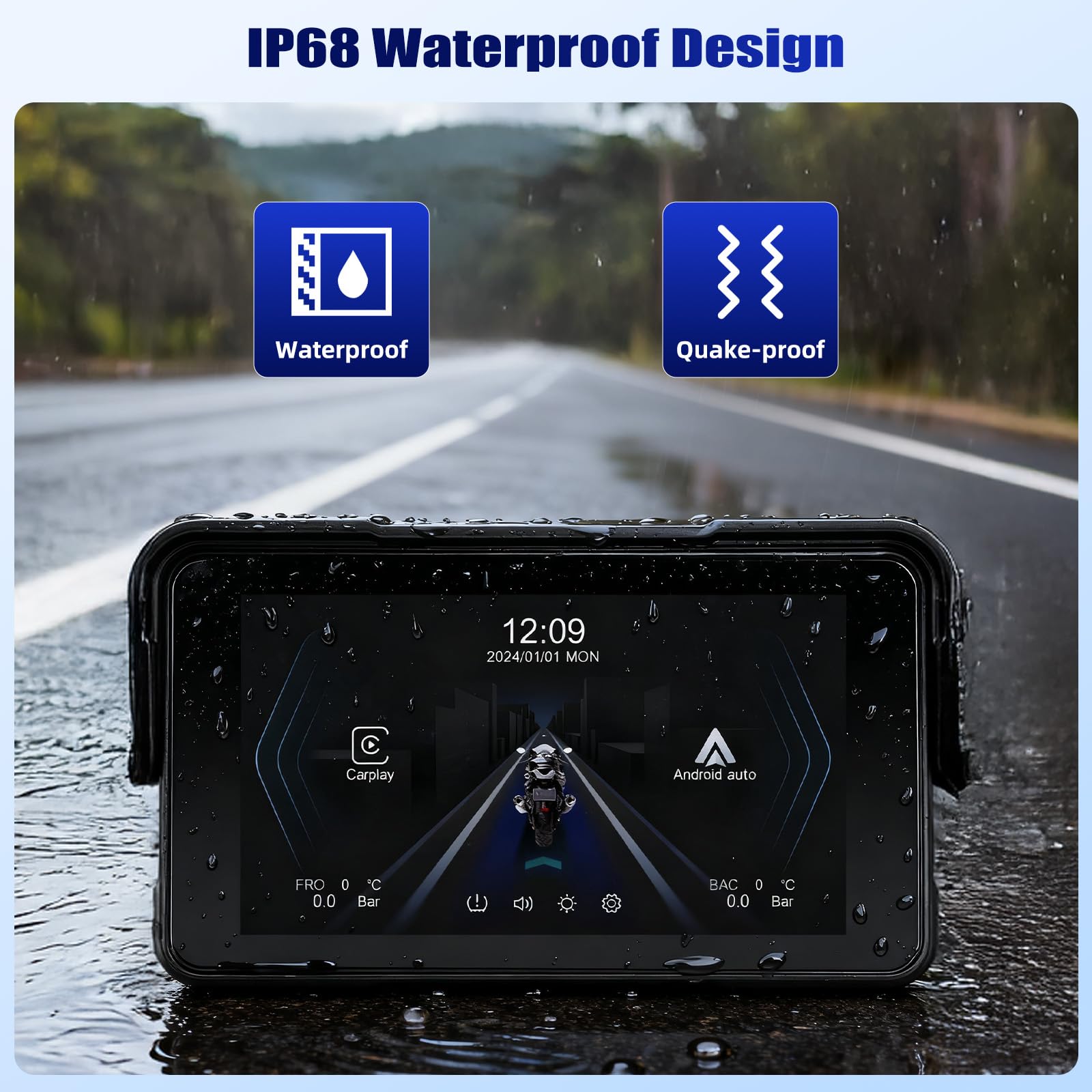 OiLiehu Motorrad GPS Wireless Portable CarPlay und Android Auto, 5 Zoll wasserdichtes Motorrad-Display mit Helligkeitseinstellung, Reifendruckerkennung, abnehmbarer Ständer, Plug and Play