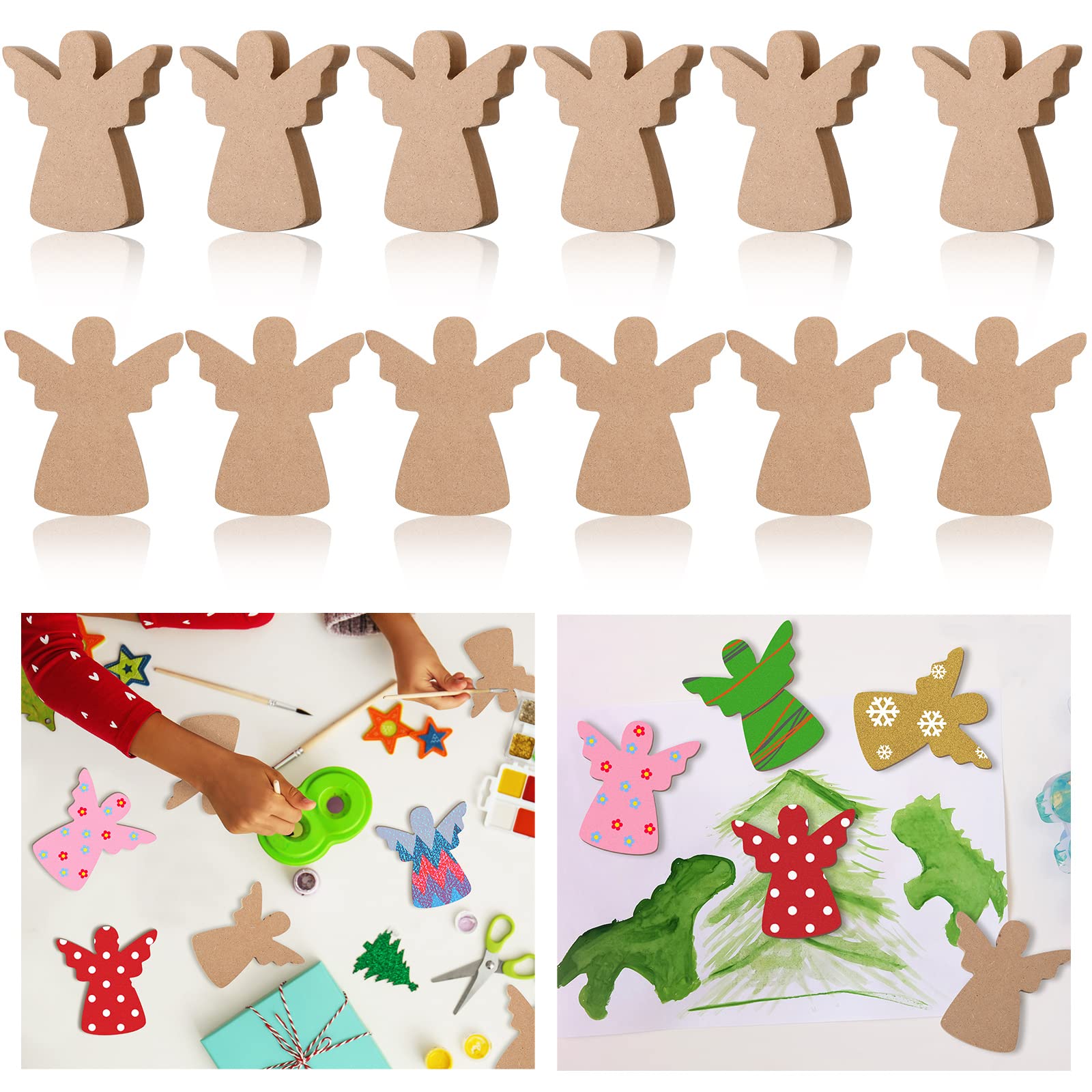 Photo 1 of 12 Pcs Christmas Wooden Cutouts Thicken Christmas Wood Signs Unfinished Wood Craft Angel Snowflake Christmas Tree Snowman Elk Gingerbread Man DIY Centerpiece for Winter Home Decor(Angel)