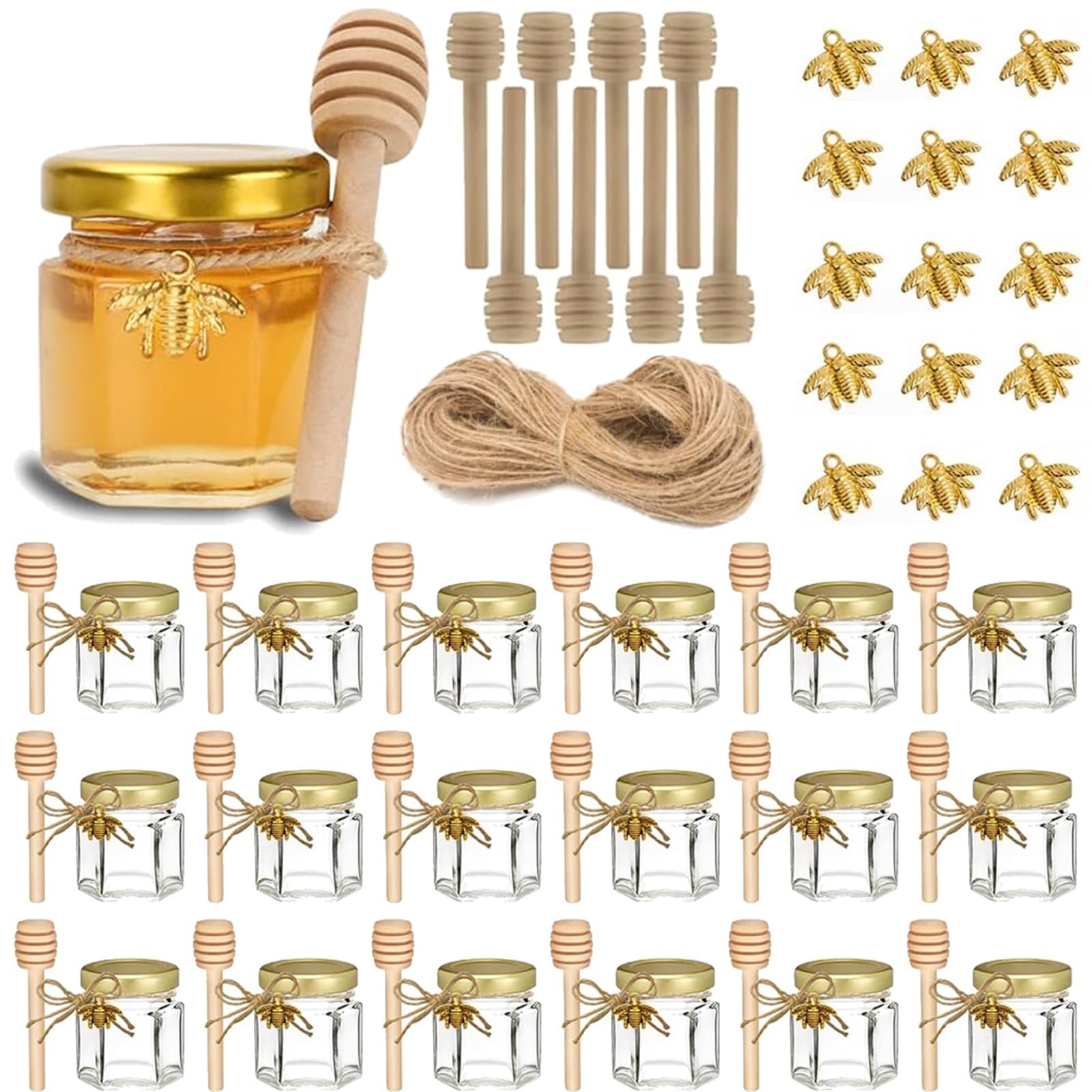 GläSer Zum Einkochen 1,5 Oz Sechseck-Miniglas mit Holzlöffel, Golddeckel, Bienenanhängern, Jutes - for die Hochzeit(12Pcs Set)