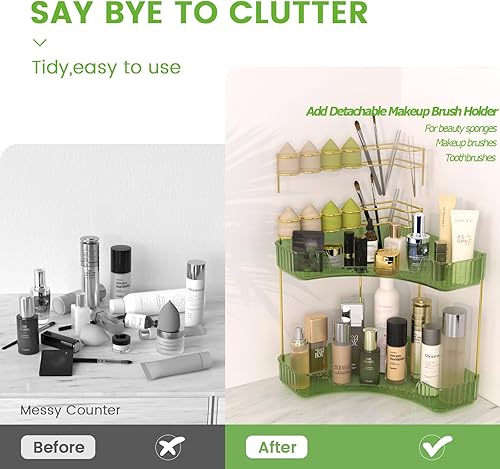 Miniatura 2 de NATURE'S SOURCE Organizador de maquillaje para tocador, organizador de baño de esquina de 2 niveles con soporte para brochas de maquillaje,