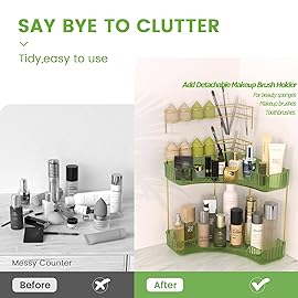NATURE\'S SOURCE Makeup Organizer for Vanity, 2-Tier Corner Bathroom Organizer Countertop with Makeup Brush Holder, Corner Counter Storage for Bathroom Dresser- Green