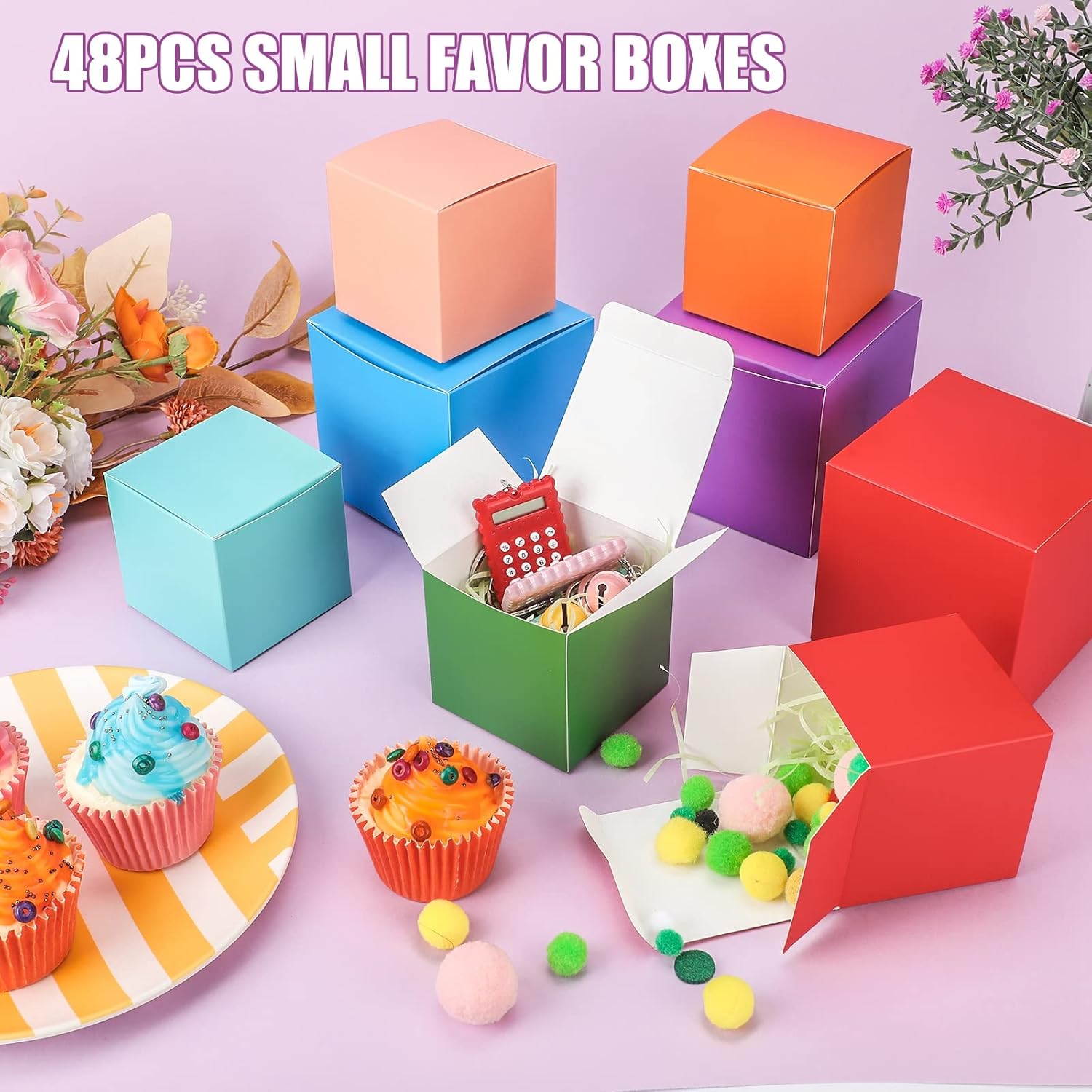 Zhehao 48 Pack Small Gift Boxes Bulk 4 x 4 x 4 Inch Colorful Kraft Paper Cube Boxes Holiday Easy Assemble Cardboard Container with Lids for Crafting Cupcake Wedding Presents Birthday, Assorted Color