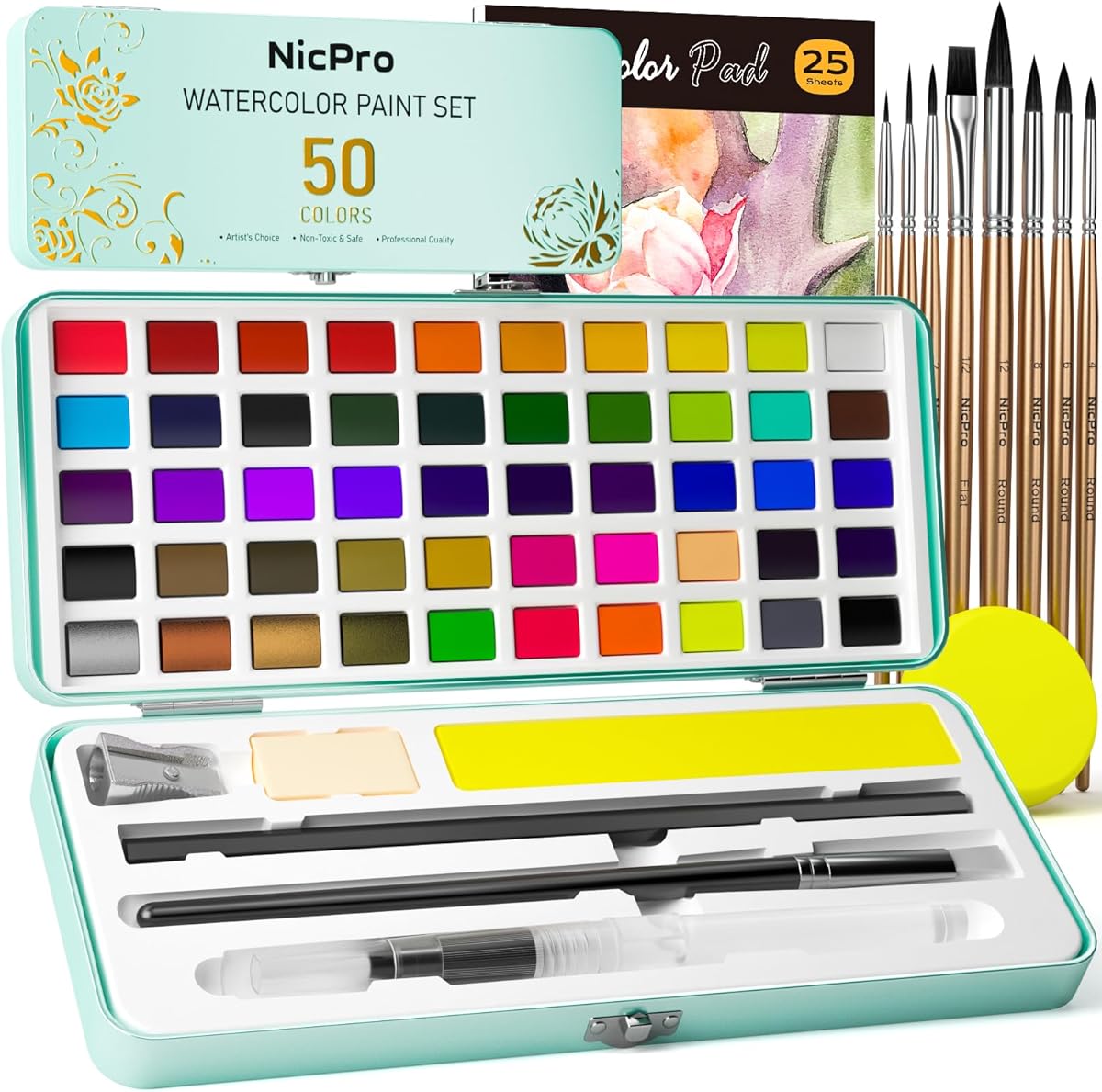Nicpro 50 Colors Watercolor Paint Set, Including Metallic & Fluorescent Color, 8PCS Squirrel Painting Brushes, Water Color Paper, Palette, Art Supplies Kit for Artist Adult Beginner with Gift Box