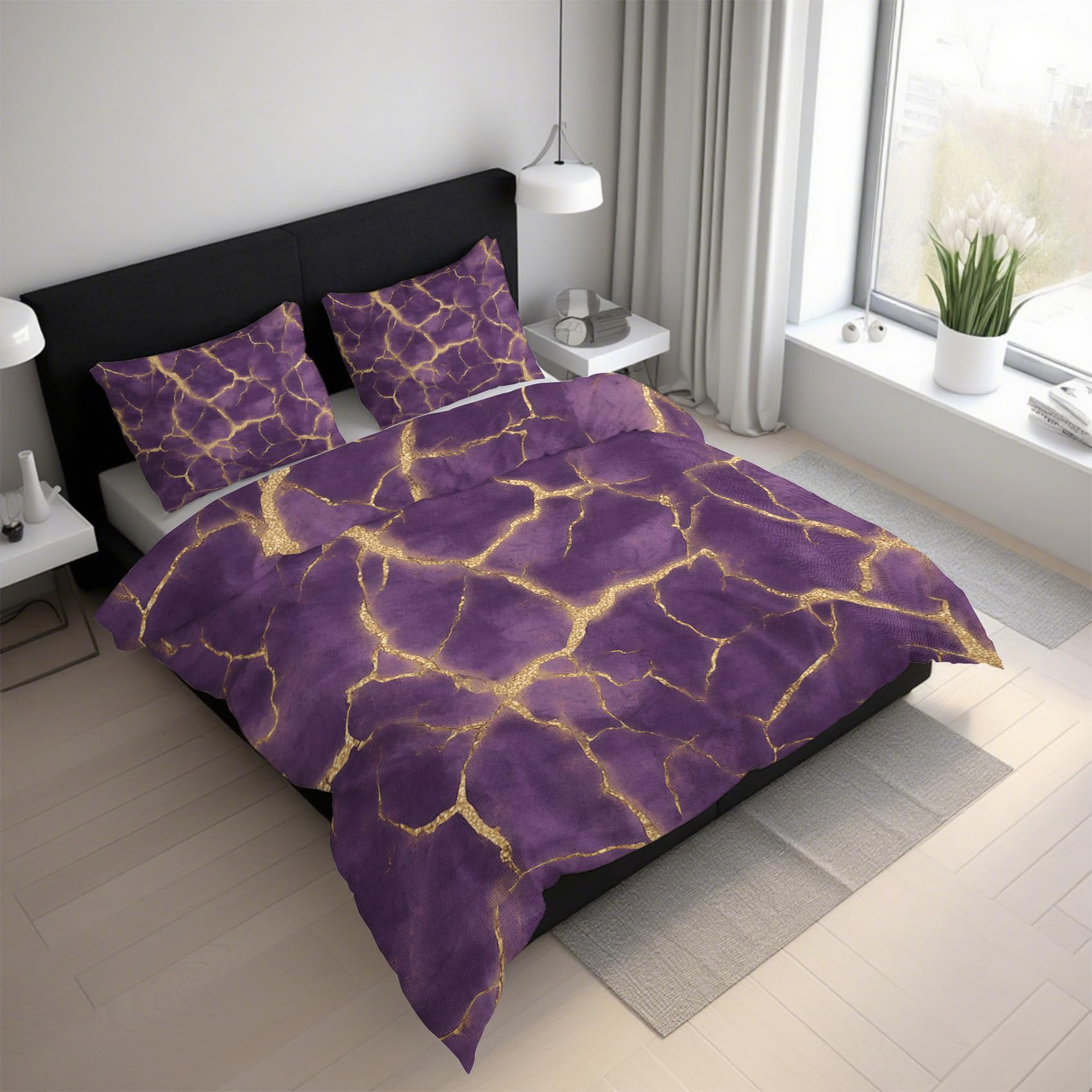 Housse de couette texture marbré violet et or 240x260 douillette