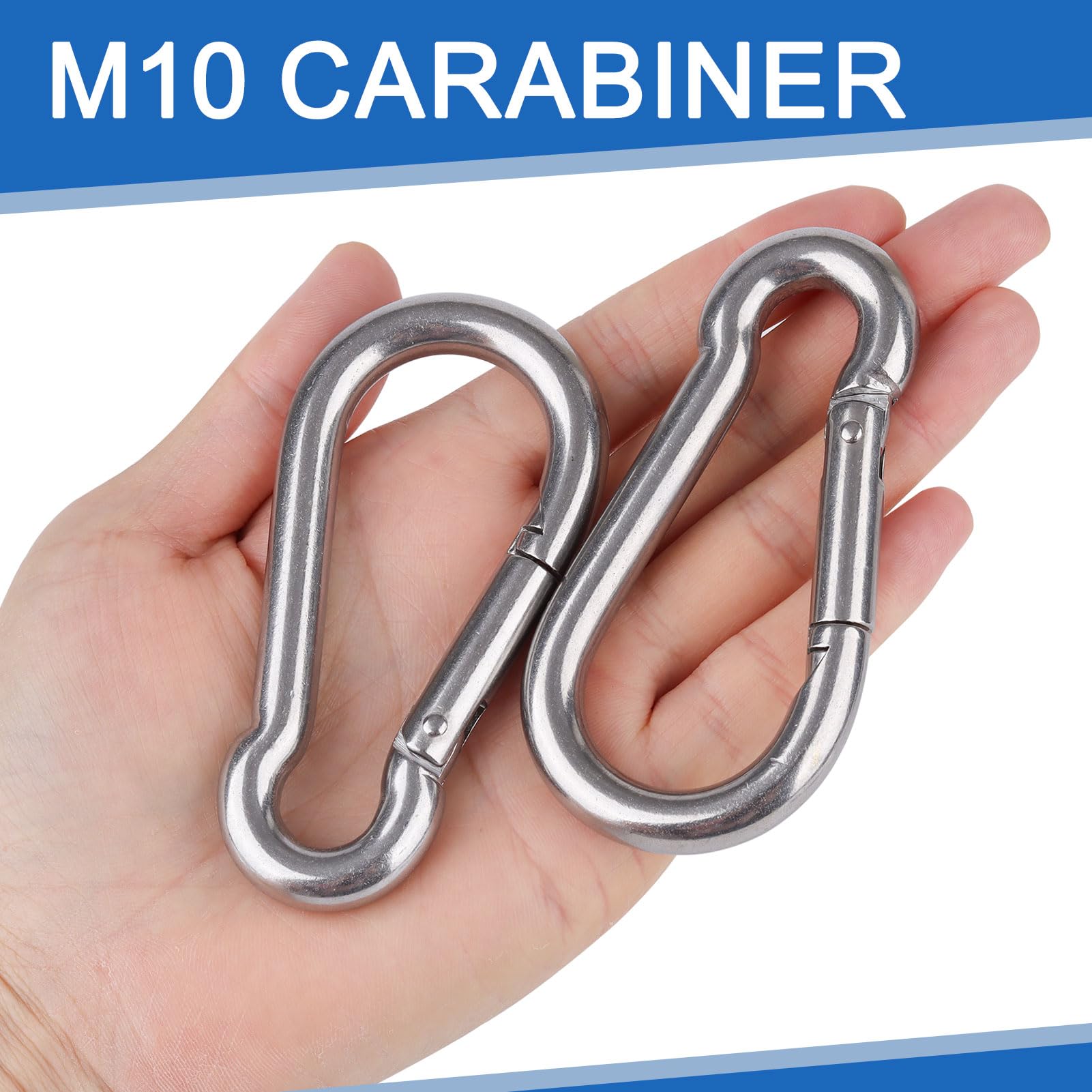 Pack de 4 Mosquetones M10 de Acero Inoxidable 100x10mm, Mosquetón de Alta Resistencia Carga Máx 270kg, Ganchos de Muelle para Columpios, Hamacas, Toldos, Gimnasio y Bricolaje