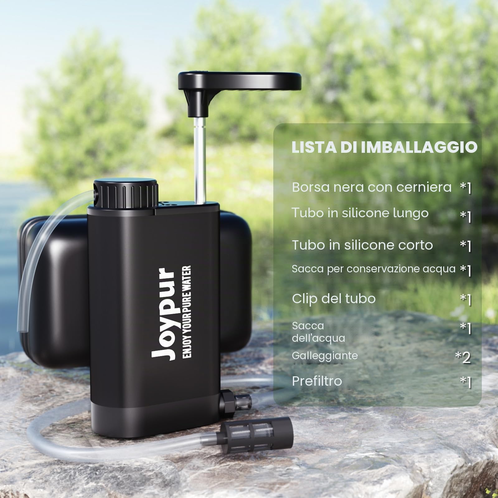 Filtro dell'acqua per esterni di sopravvivenza – Filtro acqua potabile in metallo con capacità di filtro da 6000 l depuratore d'acqua portatile per campeggio escursioni emergenze ecc. (Nero)