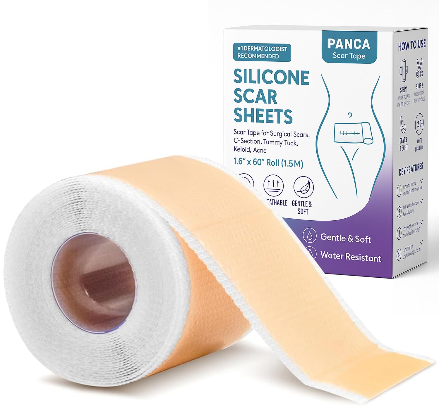 PANCA Silicone Scar Sheets Tape Roll 1.6"x60" (1.5M) | Reusable Silicone Strips for Scar Removal | Surgical, C-Section, Tummy Tuck, Keloid & Acne Scar Treatment | Soft Skin-Friendly Scar Tape-image-41