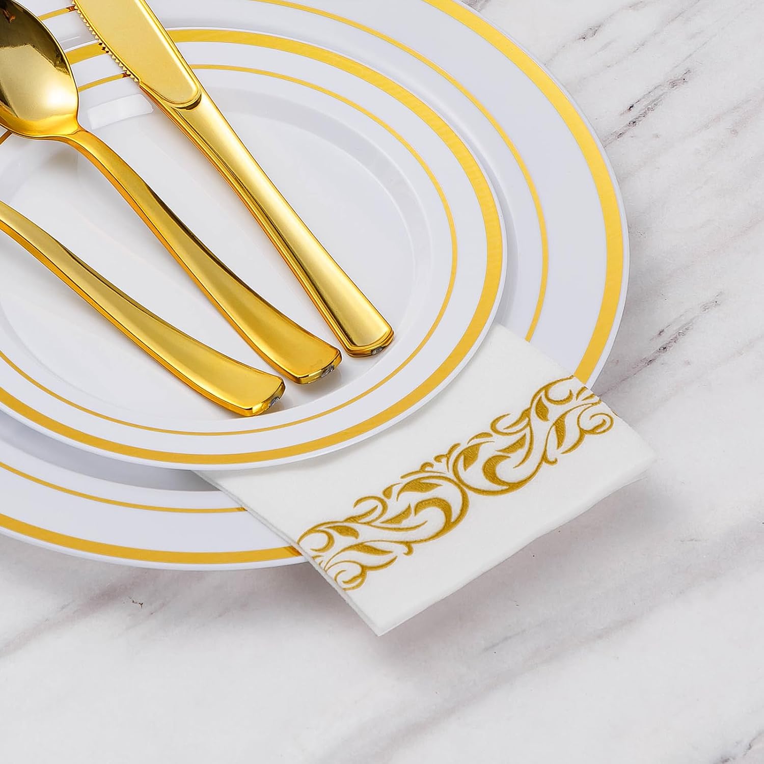 Goodluck 200-Pack Linen-Feel Disposable Guest Towels – Soft and Absorbent Paper Hand Towels for Bathroom or Kitchen – Elegant White Napkins with Gold Design for Parties, Weddings, Dinners Events